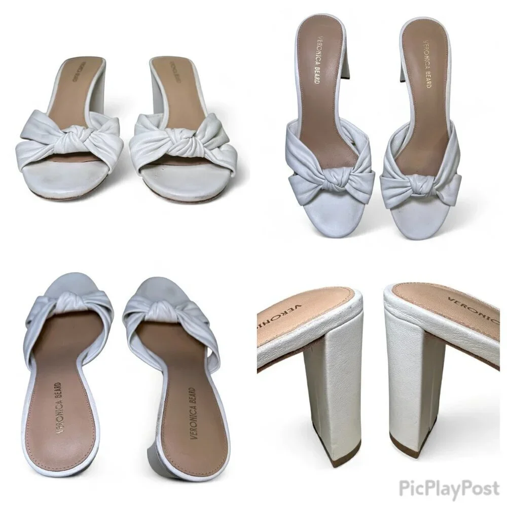 VERONICA BEARD Ganita Knotted Leather Slide Sandals, White/Cream